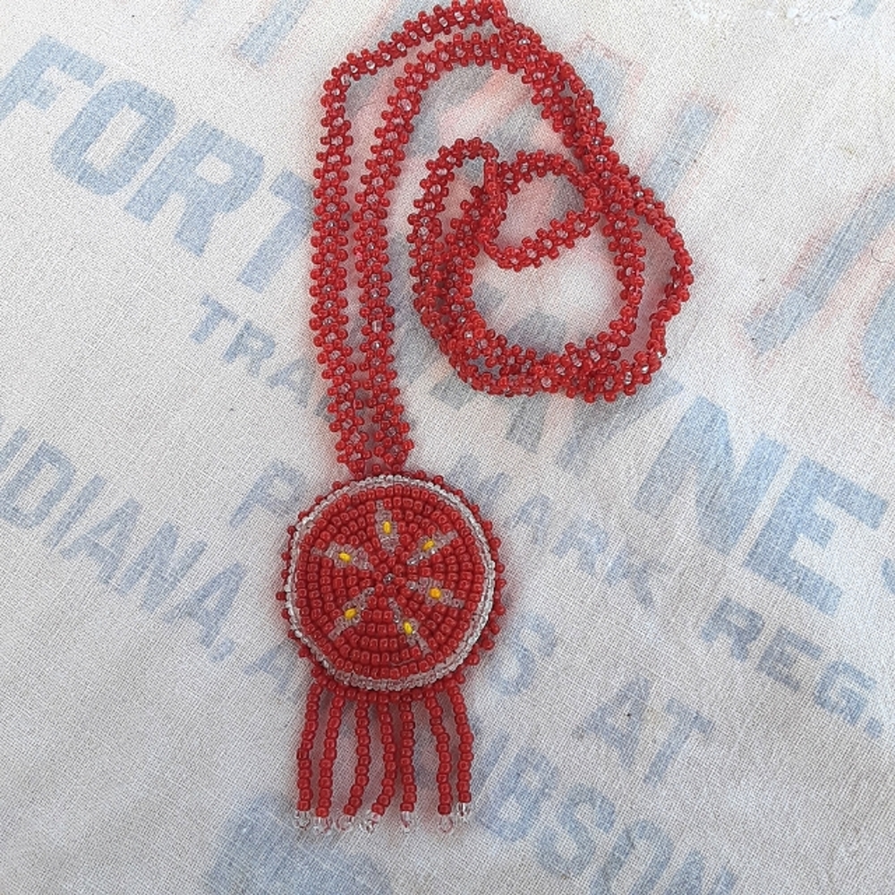 Red Dirt Girl...70s Native medallion seed bead necklace